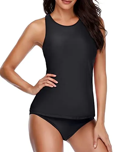 Tummy Control Two Piece Tankini Swimsuits For Women-Black