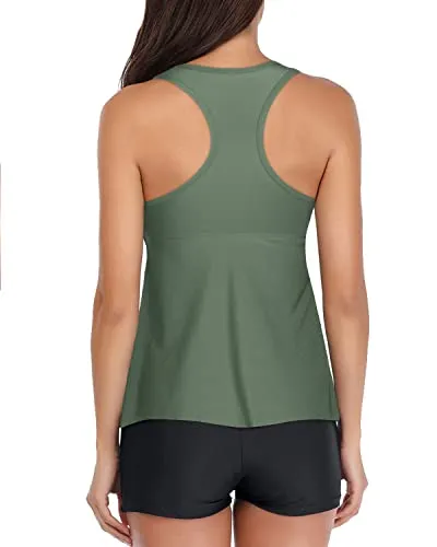 Tummy Slimming Bathing Suit Tankini Top And Shorts For Padded Push Up-Olive Green