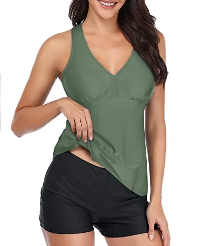 Tummy Slimming Bathing Suit Tankini Top And Shorts For Padded Push Up-Olive Green