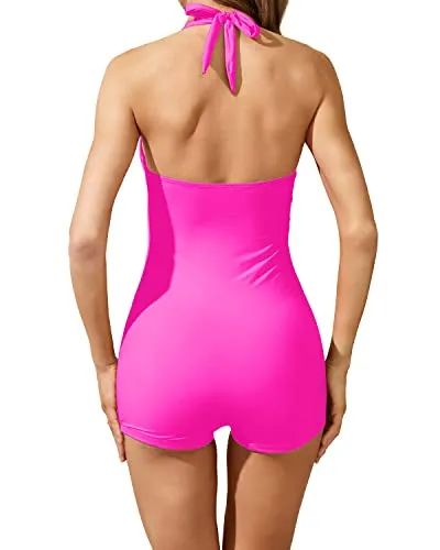 Twist Front Bandeau Swimsuits Shorts Boyleg-Neon Pink