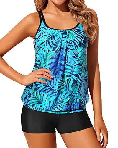 Two Piece Tankini Swimsuits Blouson Modest Swim Top Boyshort Blouses Bathing Suits