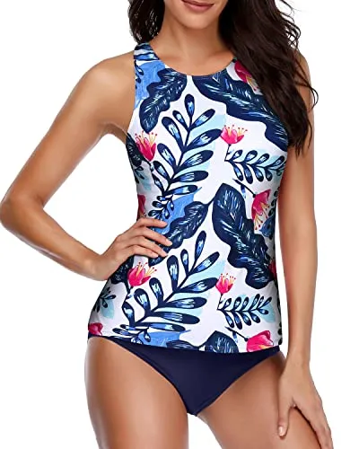 Two Piece Tankini Swimsuits High Neck And Shorts-White And Blue Floral