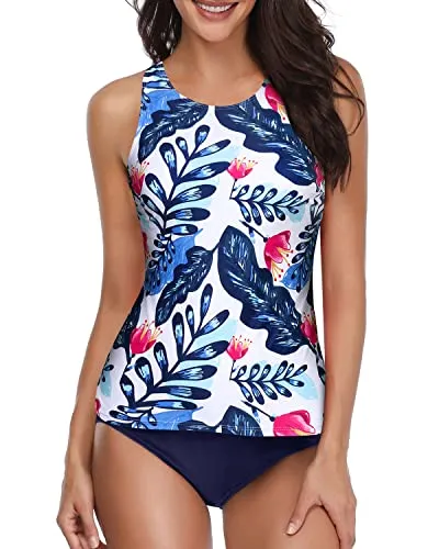 Two Piece Tankini Swimsuits High Neck And Shorts-White And Blue Floral
