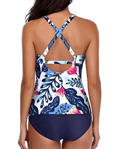 Two Piece Tankini Swimsuits High Neck And Shorts-White And Blue Floral