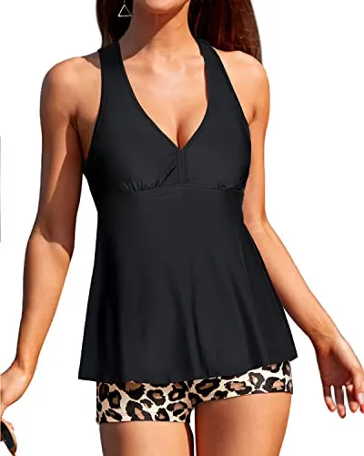 V Neck Tankini & Boyshort Padded Push Up & Tummy Control-Black And Leopard
