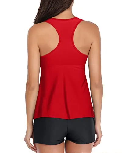 V Neck Tankini Swimwear Racerback And Boyshort-Neon Red