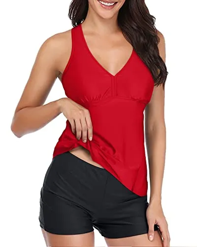 V Neck Tankini Swimwear Racerback And Boyshort-Neon Red