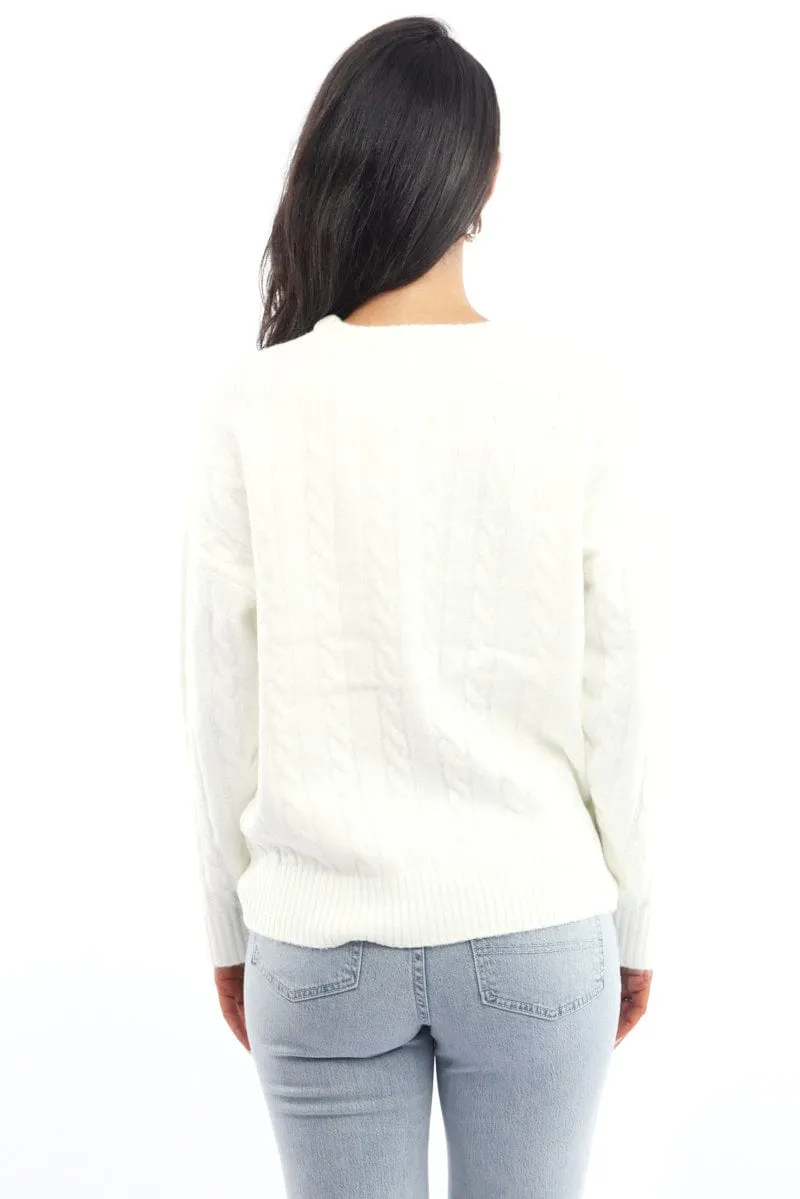 White Knit Jumper Long Sleeve Cable