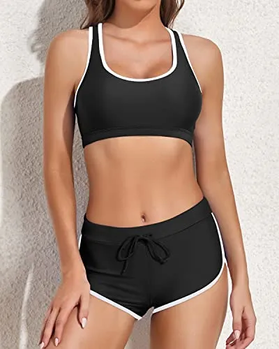 Women Racerback Crop Top Shorts Bathing Suits-Black And White