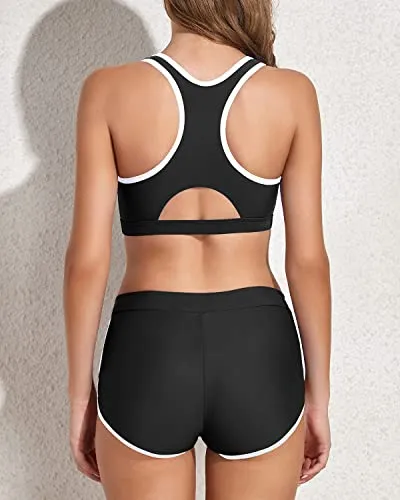 Women Racerback Crop Top Shorts Bathing Suits-Black And White