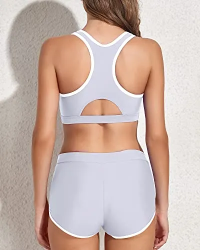 Women Sporty Racerback Crop Top Shorts Bathing Suits-Light Gray
