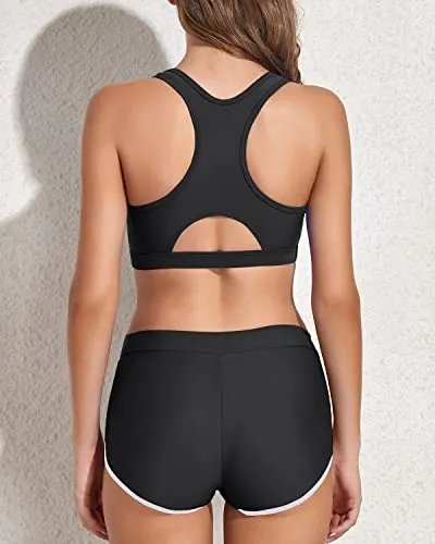 Women Two Piece Sports Bikini Athletic Swimsuits-Black And White
