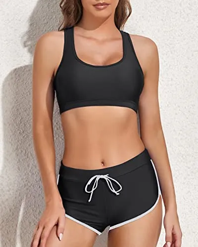 Women Two Piece Sports Bikini Athletic Swimsuits-Black And White