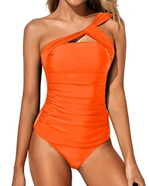 Women's 2 Piece Tankini Asymmetrical One Shoulder Top & Shorts-Neon Orange