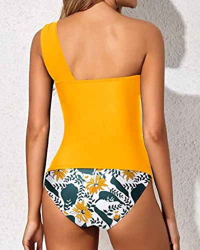Women's 2 Piece Tankini One Shoulder Top & Tummy Control Shorts-Yellow Floral
