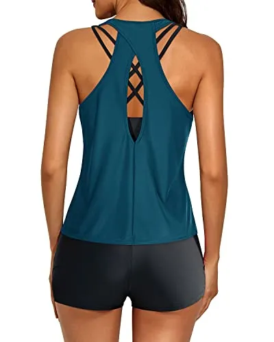 Women's 3 Piece Scoop Neck Criss Cross Tankini Swimsuits-Teal