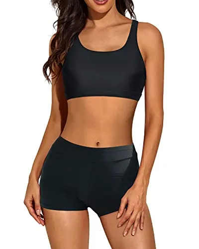 Women's 3 Piece Scoop Neck Criss Cross Tankini Swimsuits-Teal