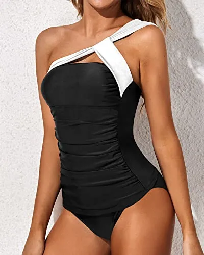 Women's Tankini Asymmetrical Top & Control Fit Shorts-Black