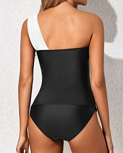 Women's Tankini Asymmetrical Top & Control Fit Shorts-Black