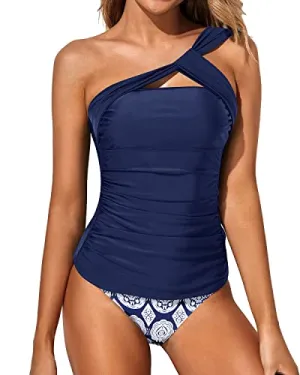 Women's Two Piece Tankini One Shoulder Swim Top Shorts Swimsuits-Navy Blue Tribal