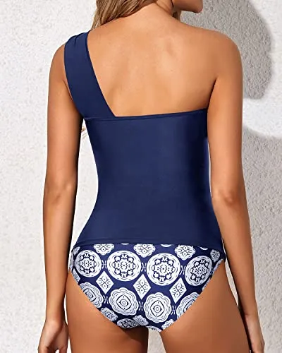 Women's Two Piece Tankini One Shoulder Swim Top Shorts Swimsuits-Navy Blue Tribal