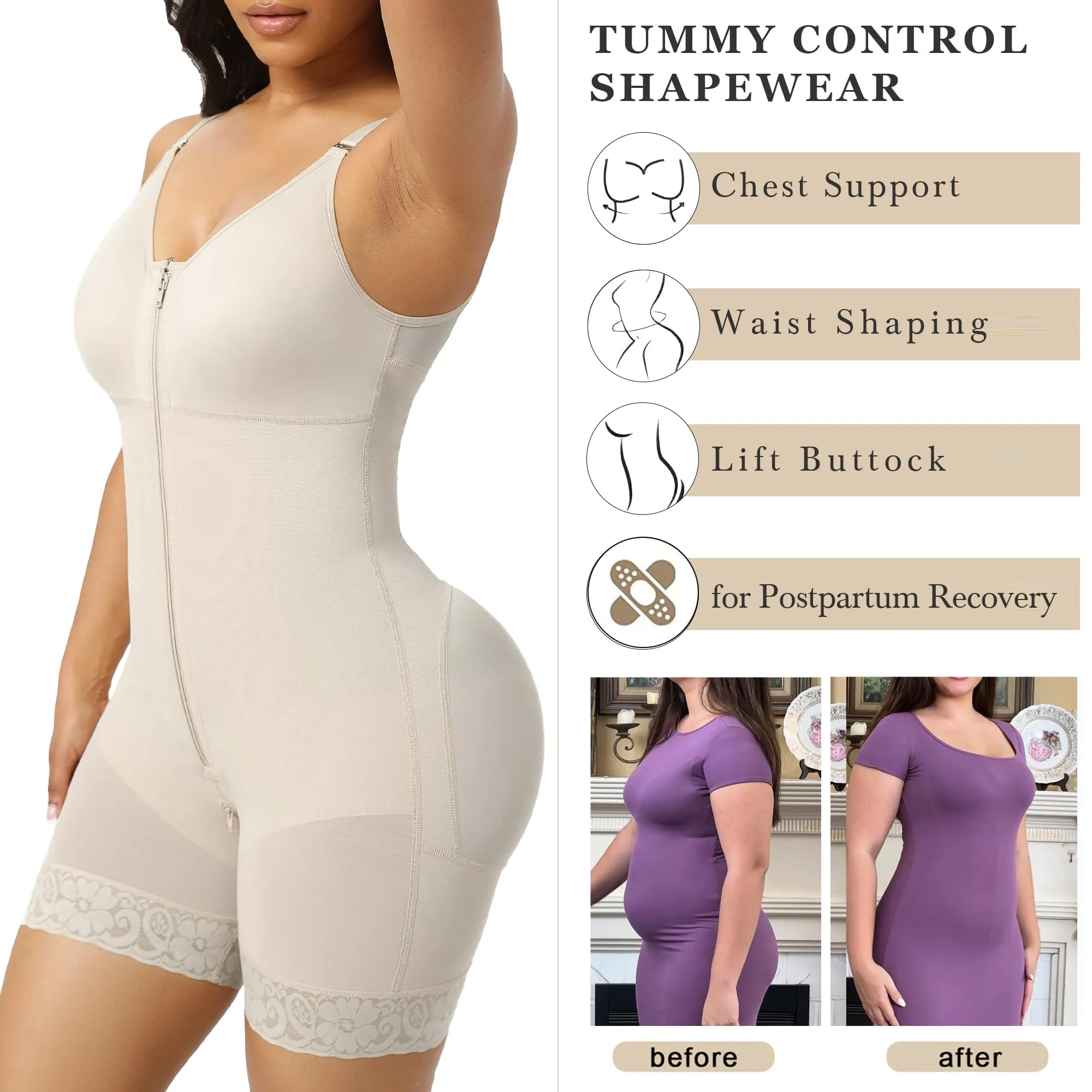 YIANNA Fajas Colombianas Postpartum Shapewear for Women Tummy Control Butt Lifter Body Shaper with Zipper Crotch